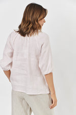 GATHERED NECK LINEN TOP IN BALLET GINGHAM