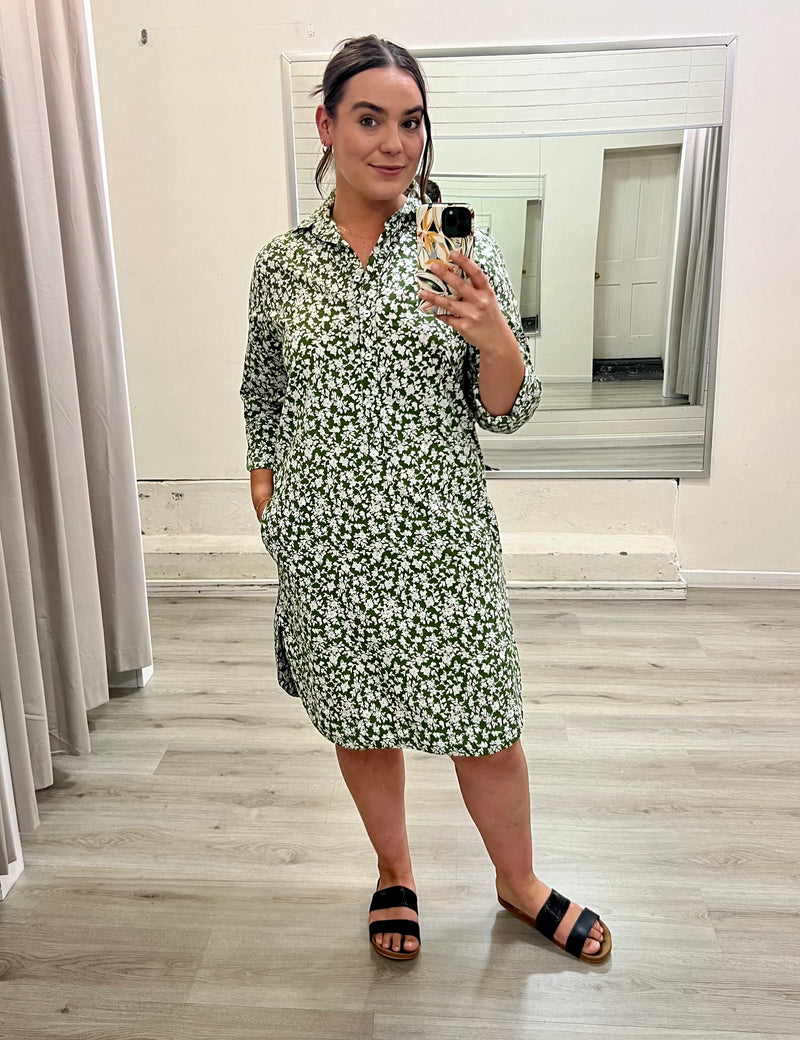 IRIS COTTON DRESS: SMALL FLORAL MOSS