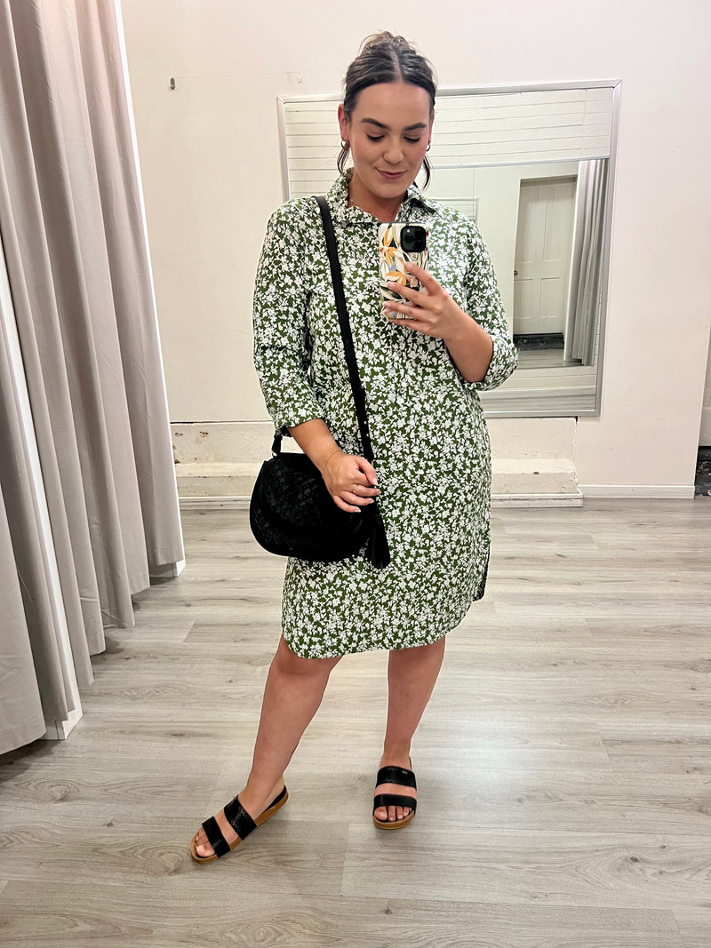 IRIS COTTON DRESS: SMALL FLORAL MOSS