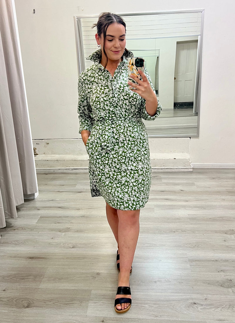 IRIS COTTON DRESS: SMALL FLORAL MOSS