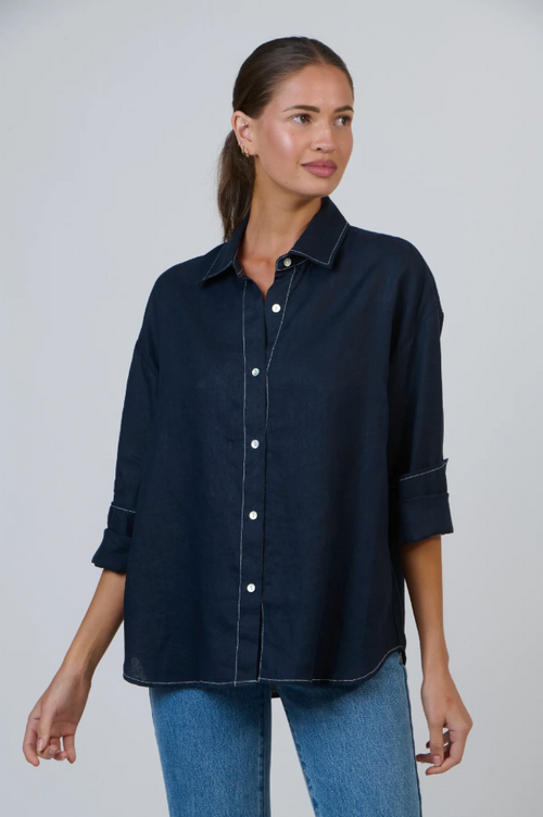 LINEN BOYFRIEND SHIRT IN MARINE