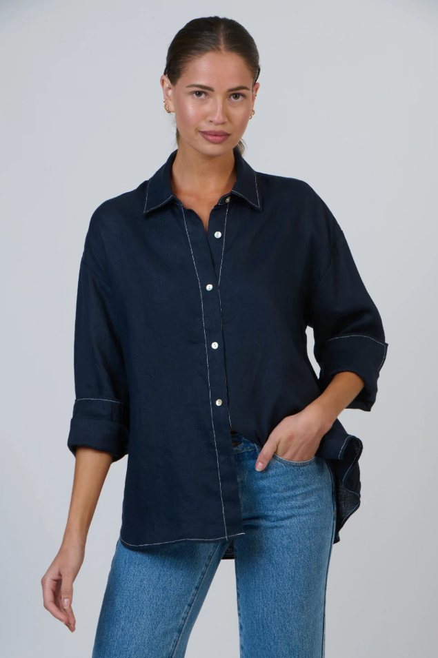 LINEN BOYFRIEND SHIRT IN MARINE