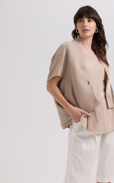 LINEN TIE CARDI - TAUPE