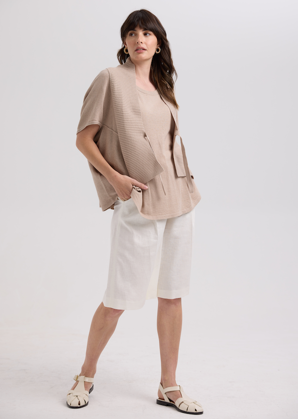 LINEN TIE CARDI - TAUPE