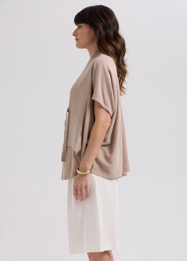 LINEN TIE CARDI - TAUPE