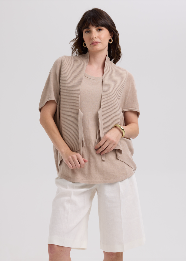 LINEN TIE CARDI - TAUPE