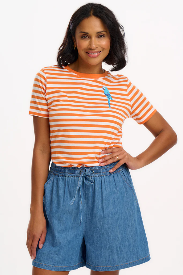 MAGGIE T-SHIRT - OFF-WHITE/ ORANGE, STRIPY PARROT
