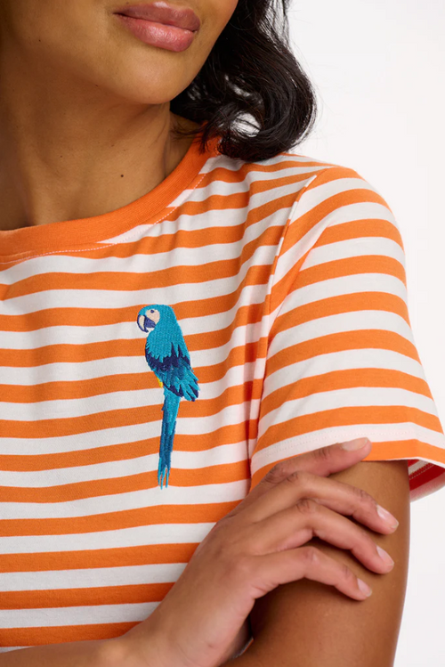 MAGGIE T-SHIRT - OFF-WHITE/ ORANGE, STRIPY PARROT