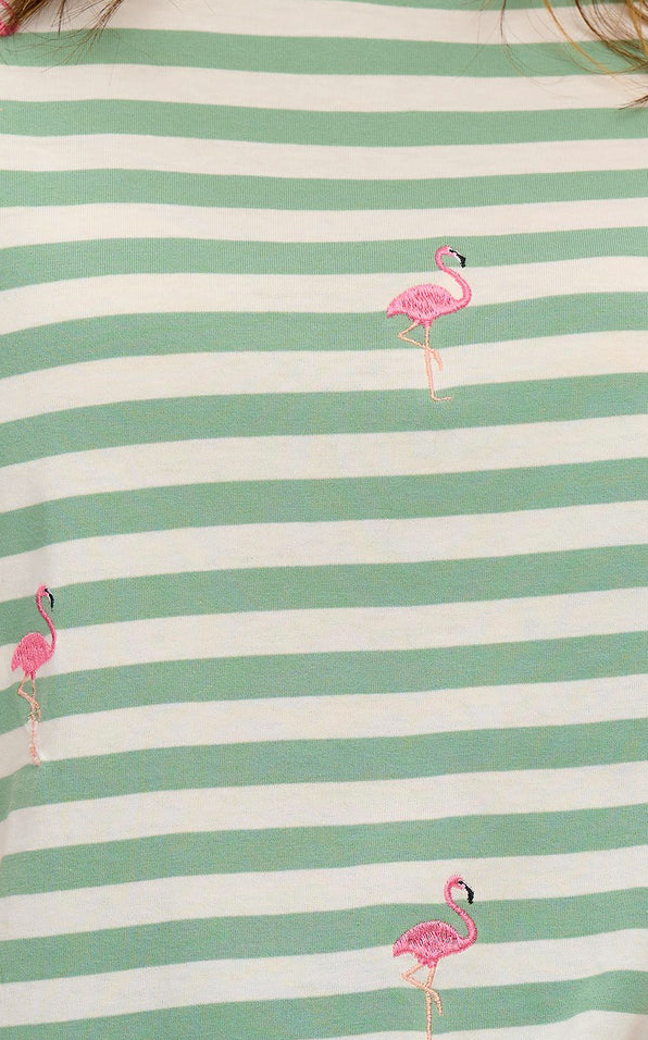 MAGGIE T-SHIRT OFF-WHITE/GREEN, FLAMINGO EMBROIDERY