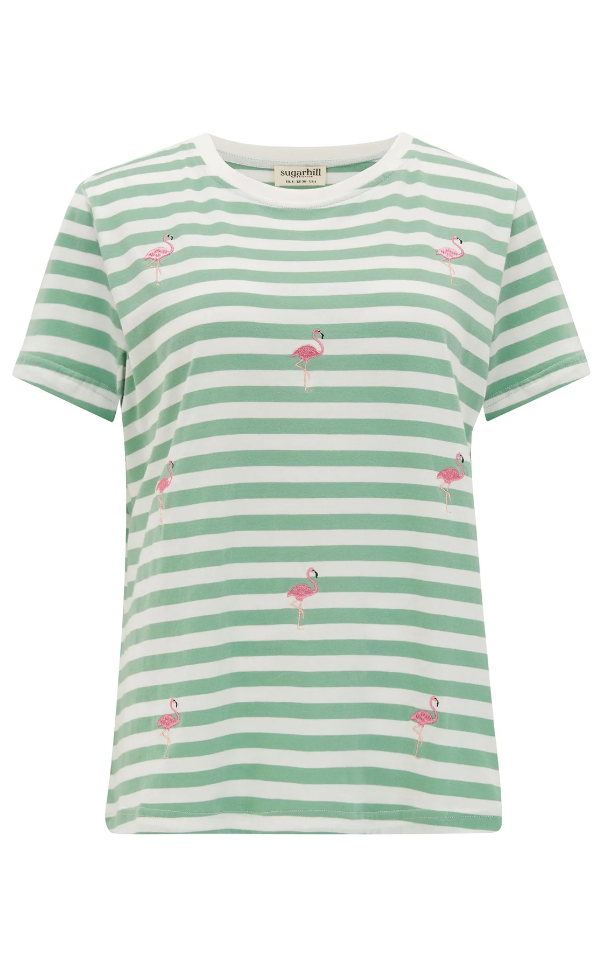 MAGGIE T-SHIRT OFF-WHITE/GREEN, FLAMINGO EMBROIDERY