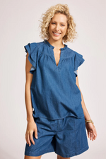 MELENIA DENIM FRILL TOP - INDIGO