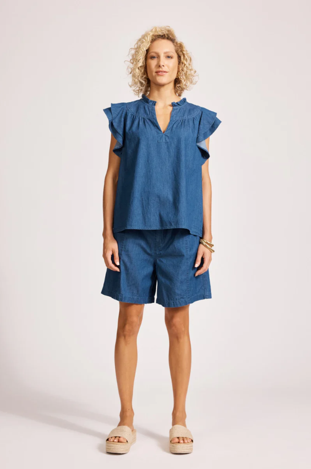 MELENIA DENIM FRILL TOP - INDIGO