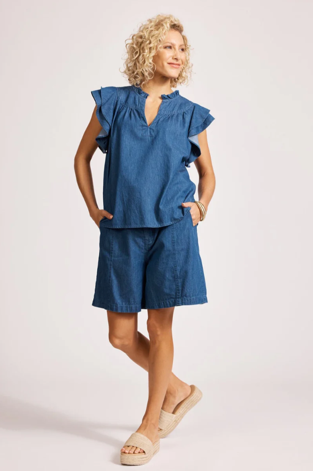 MELENIA DENIM FRILL TOP - INDIGO