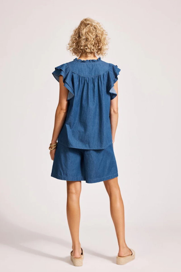 MELENIA DENIM FRILL TOP - INDIGO