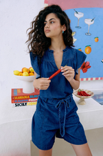 MELENIA DENIM FRILL TOP - INDIGO