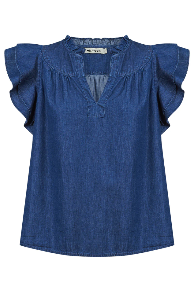 MELENIA DENIM FRILL TOP - INDIGO