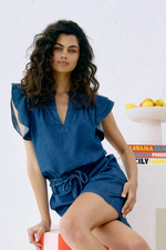 MELENIA DENIM FRILL TOP - INDIGO