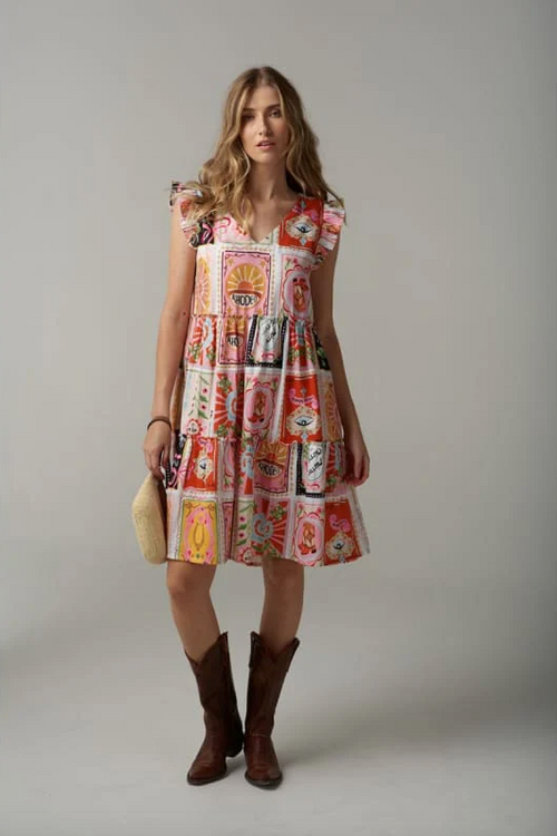 MINI TRAPEZE FRILL DRESS - RODEO PRINT
