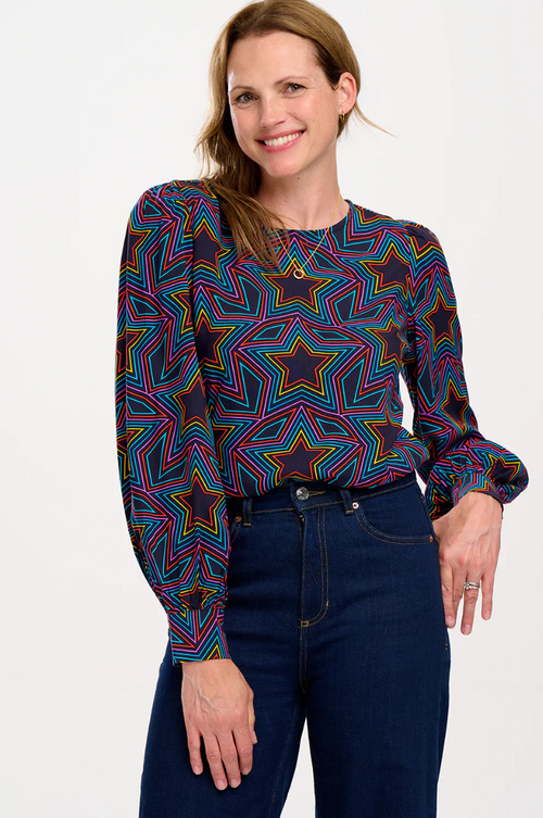 RONNIE PUFF SLEEVE TOP - BLACK, RAINBOW STAR EXPLOSION