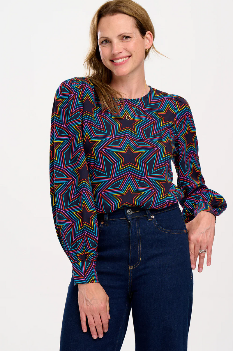 RONNIE PUFF SLEEVE TOP - BLACK, RAINBOW STAR EXPLOSION