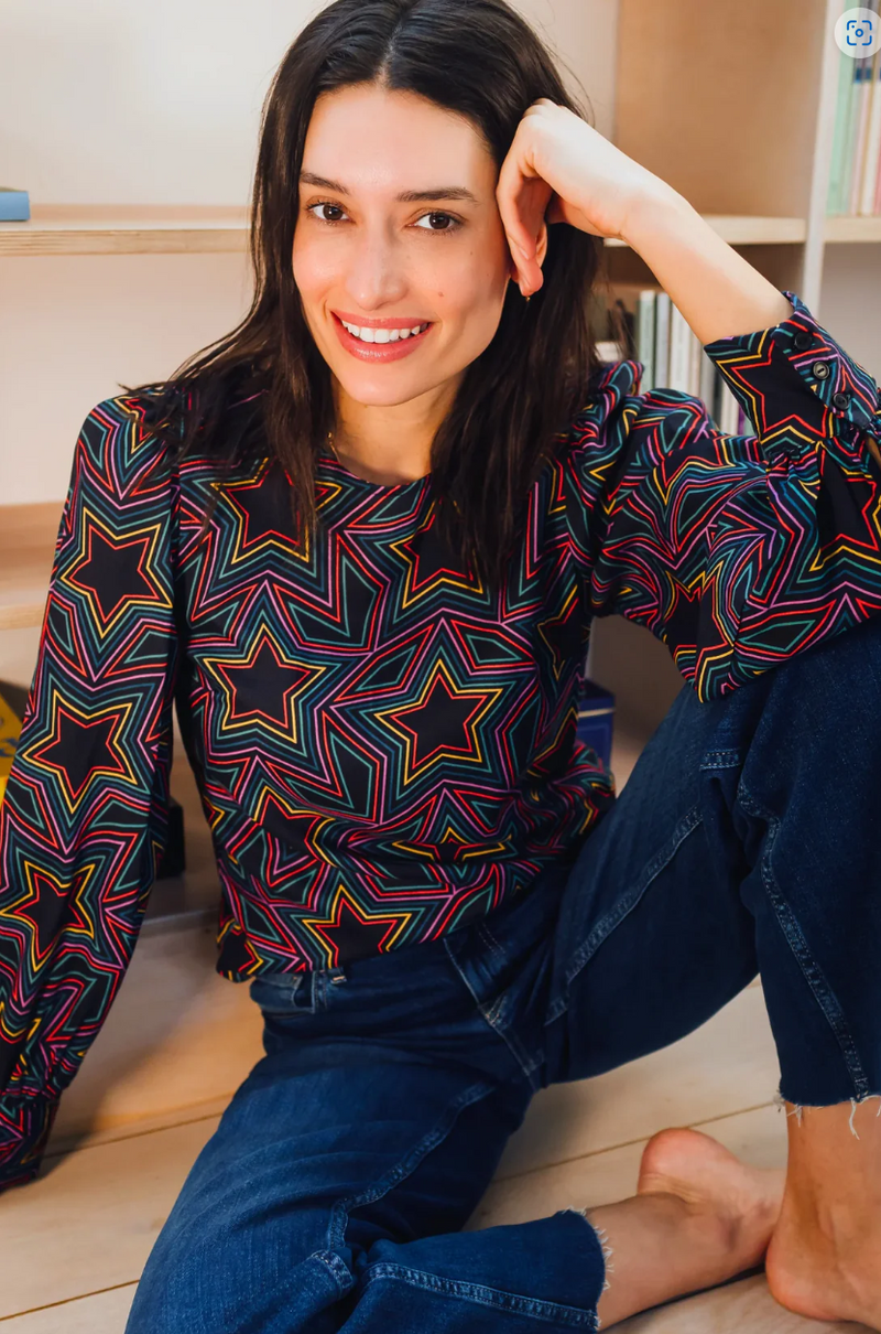RONNIE PUFF SLEEVE TOP - BLACK, RAINBOW STAR EXPLOSION