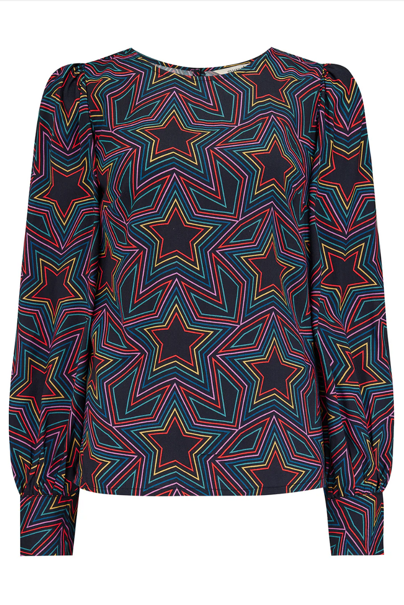 RONNIE PUFF SLEEVE TOP - BLACK, RAINBOW STAR EXPLOSION