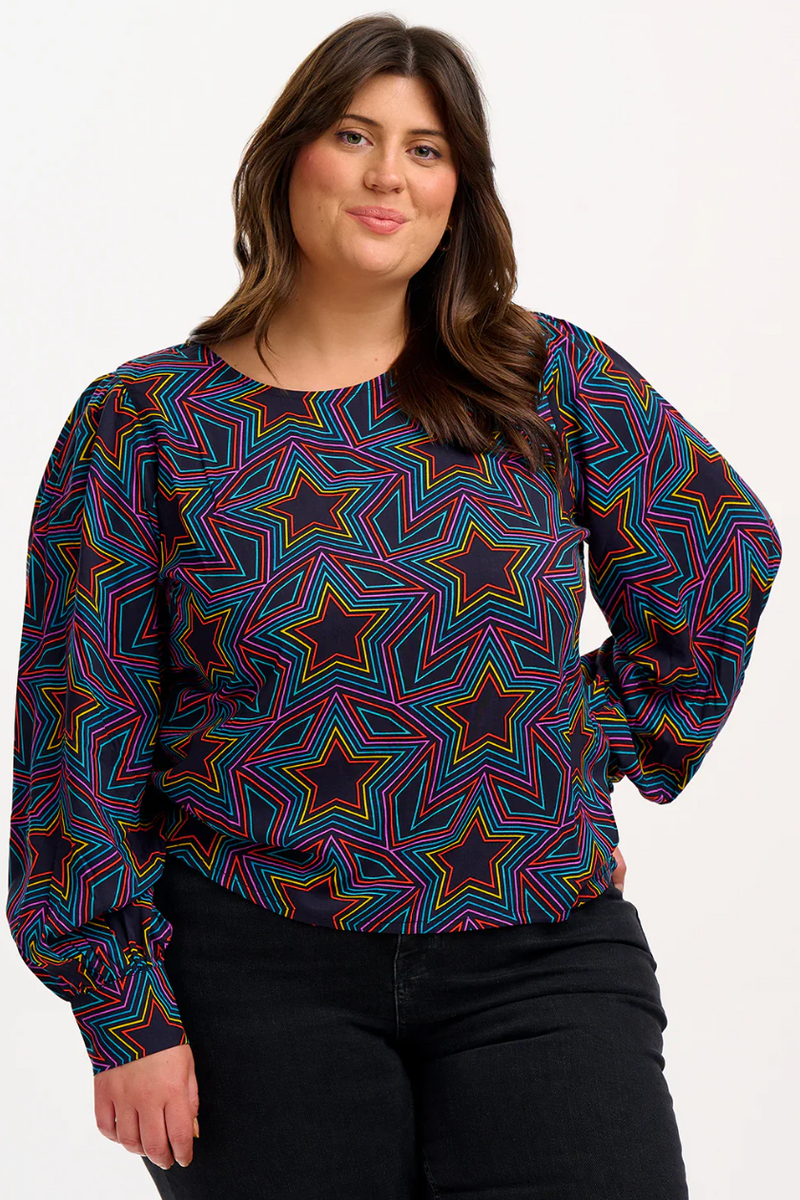 RONNIE PUFF SLEEVE TOP - BLACK, RAINBOW STAR EXPLOSION