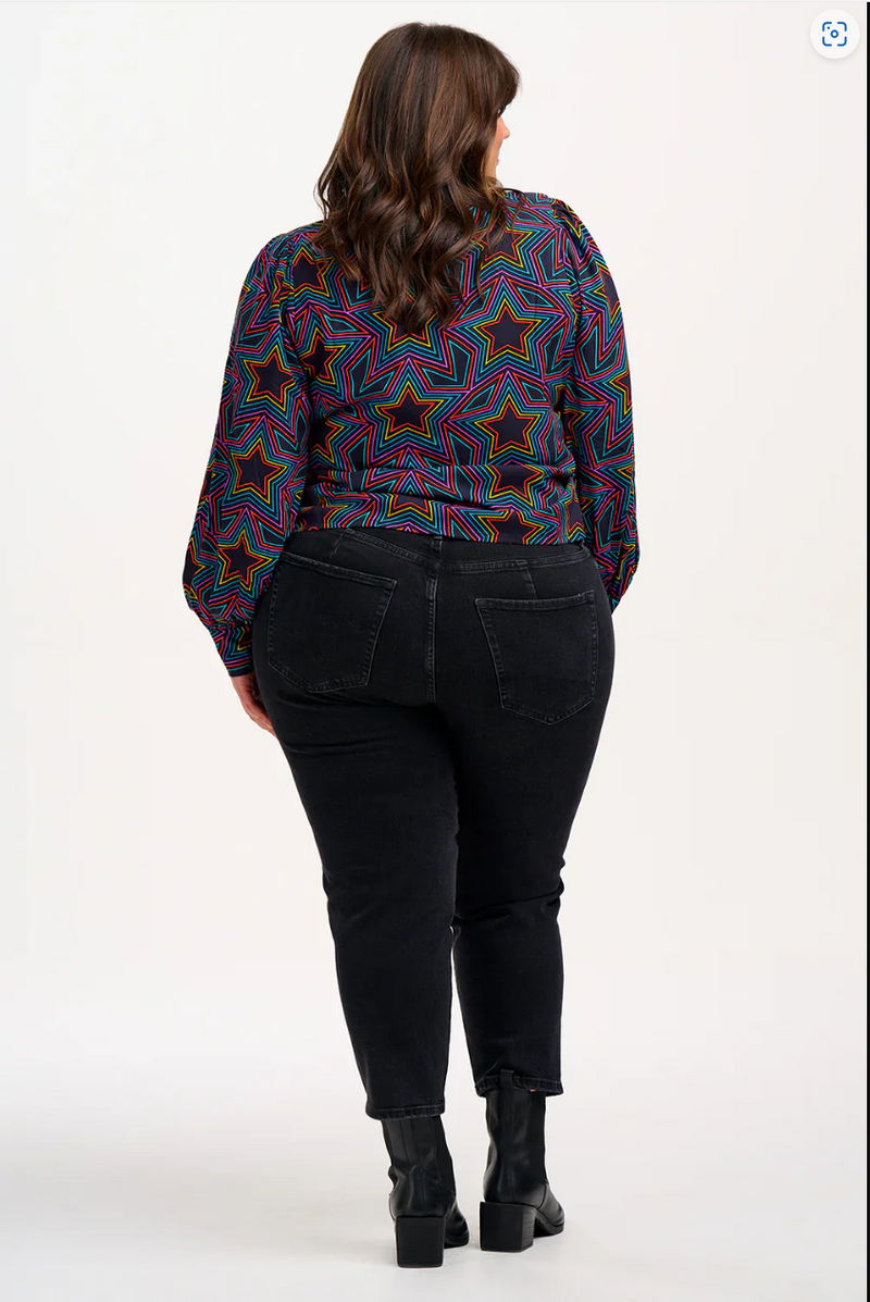 RONNIE PUFF SLEEVE TOP - BLACK, RAINBOW STAR EXPLOSION