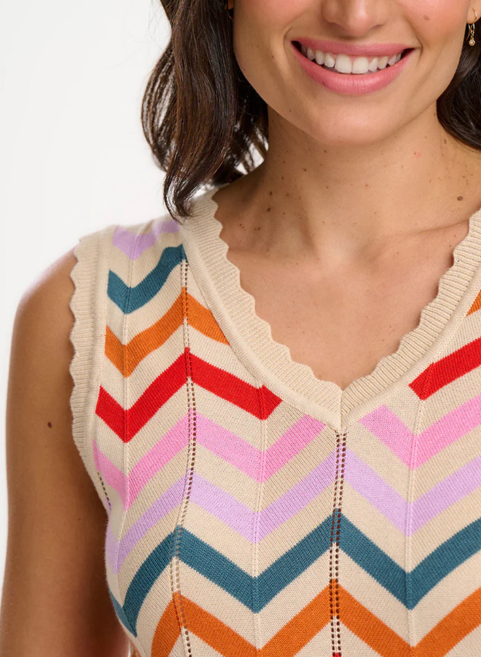 ROSY V-NECK KNIT VEST - CREAM, RAINBOW CHEVRON STRIPES