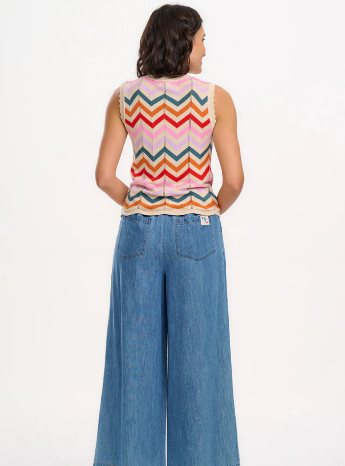 ROSY V-NECK KNIT VEST - CREAM, RAINBOW CHEVRON STRIPES
