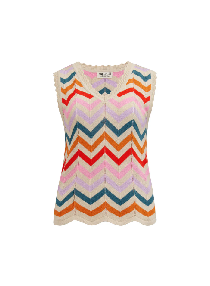 ROSY V-NECK KNIT VEST - CREAM, RAINBOW CHEVRON STRIPES